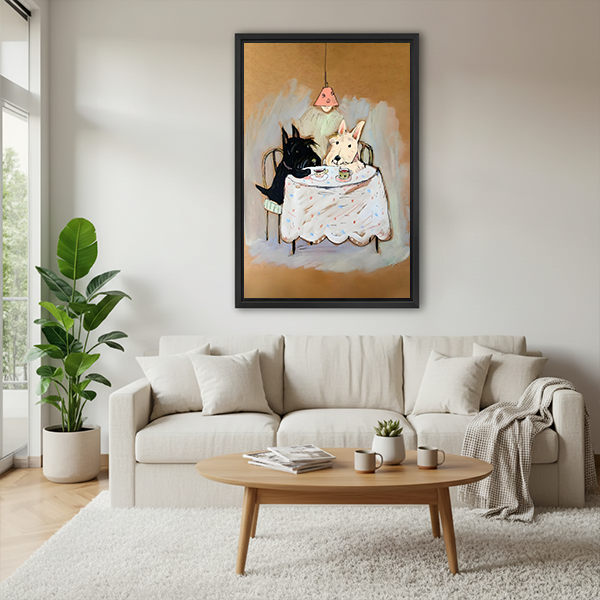 Framed terrier tea party canvas wall art beside a rattan bed with terracotta bedding and a white bedside lamp.