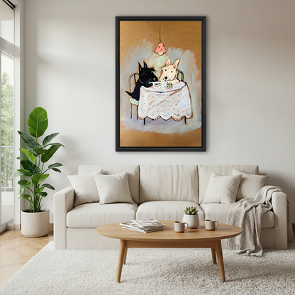 Framed terrier tea party canvas wall art beside a rattan bed with terracotta bedding and a white bedside lamp.