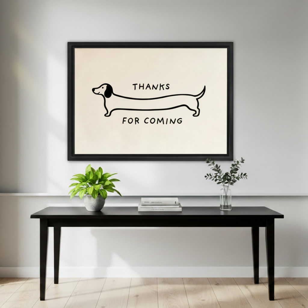 Black framed Thanks For Coming dachshund minimalist line art canvas hung above a sleek black entryway console table with a potted green plant, stacked books, and a glass vase with eucalyptus branches on a light grey wall