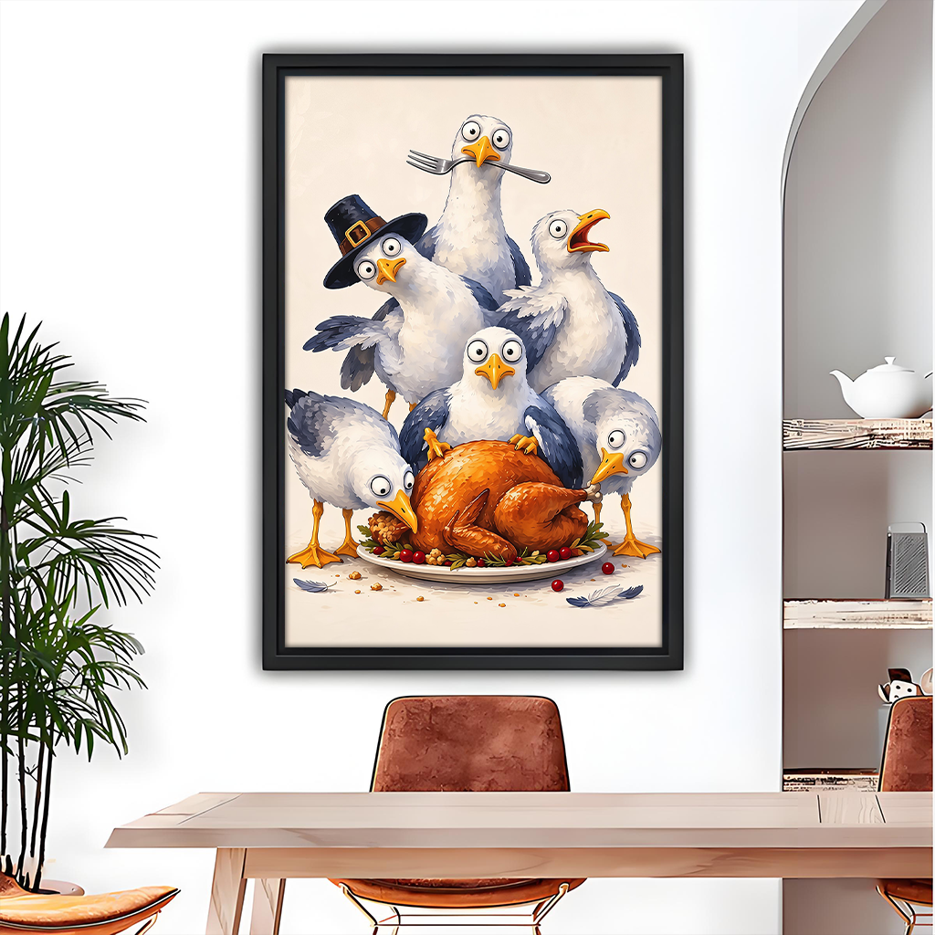 Whimsical Thanksgiving seagulls canvas wall art in a black frame above a dining table beside a potted palm.