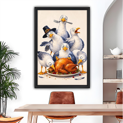 Whimsical Thanksgiving seagulls canvas wall art in a black frame above a dining table beside a potted palm.
