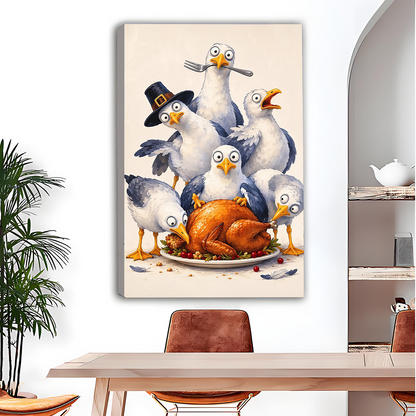 Framed Thanksgiving seagulls canvas wall art featuring six birds and a roast turkey beside wooden bunk beds.