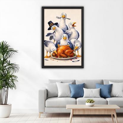 Framed Thanksgiving seagulls canvas wall art on a cream background above a gray sofa with blue and white cushions.