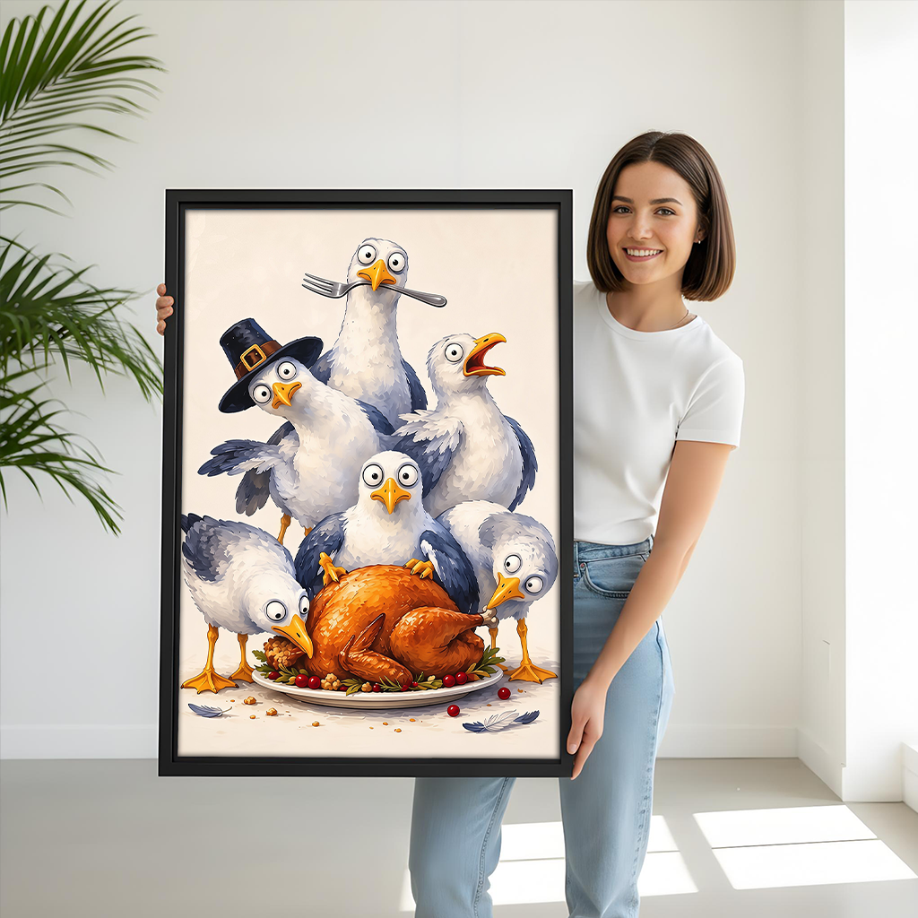Gallery-wrap Thanksgiving seagulls canvas wall art showing wide-eyed birds around a roast turkey above a dining table.