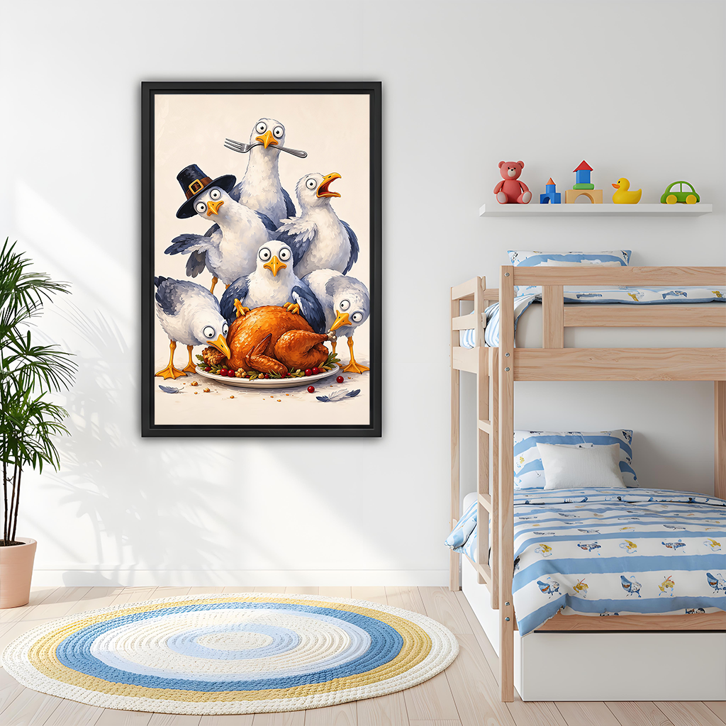 Woman holding black framed Thanksgiving seagulls canvas wall art with six funny birds gathered around a roast turkey.