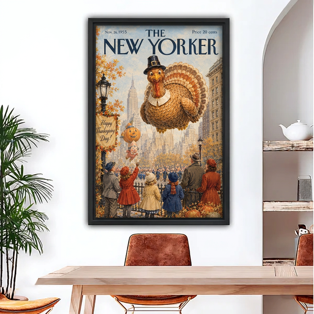 Thanksgiving turkey parade canvas wall art in a black frame above a dining table, featuring a giant turkey balloon.