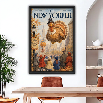 Thanksgiving turkey parade canvas wall art in a black frame above a dining table, featuring a giant turkey balloon.