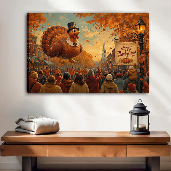 Thanksgiving turkey parade canvas wall art in a black frame above white bedding and a natural wood headboard.