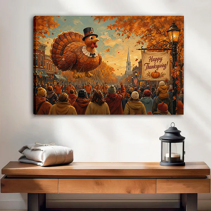 Thanksgiving turkey parade canvas wall art in a black frame above white bedding and a natural wood headboard.