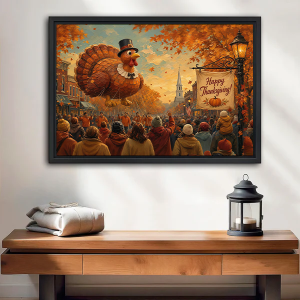 Black-framed Thanksgiving turkey parade canvas wall art above a wooden console with folded blankets and a black lantern.