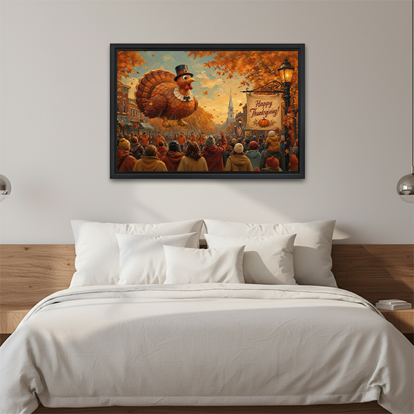 Whimsical Thanksgiving turkey parade canvas wall art in a black frame above a cream sofa with wooden arms.