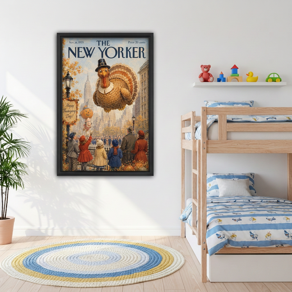  Thanksgiving turkey parade canvas wall art in a black frame beside wooden bunk beds and a colorful toy shelf.