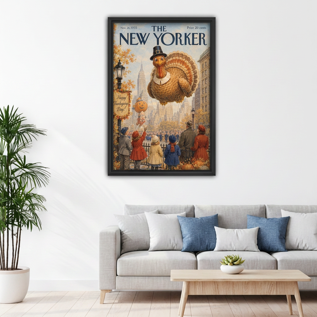 Black framed Thanksgiving turkey parade canvas wall art displayed above a light gray sofa with blue and white cushions.