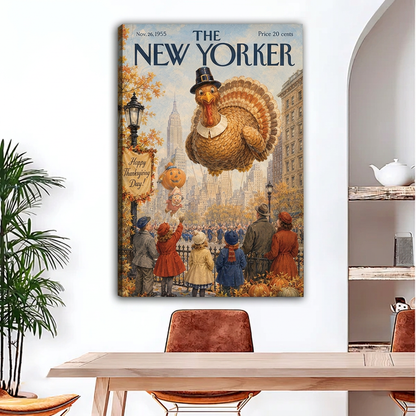 Unframed Thanksgiving turkey parade canvas wall art above a dining table, showing autumn crowds and magazine-style lettering.