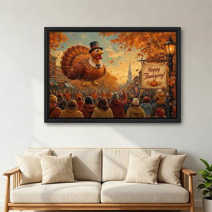Woman holding black-framed Thanksgiving turkey parade canvas wall art with a festive crowd and Happy Thanksgiving sign.