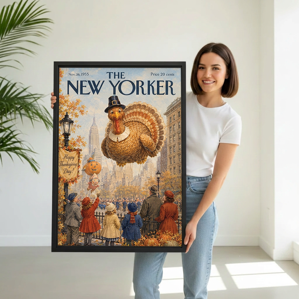  Woman holding black framed Thanksgiving turkey parade canvas wall art with a turkey balloon floating above a city crowd.