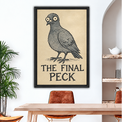 Black-framed The Final Peck pigeon canvas wall art hanging above a dining table beside an arched shelving alcove.⠋