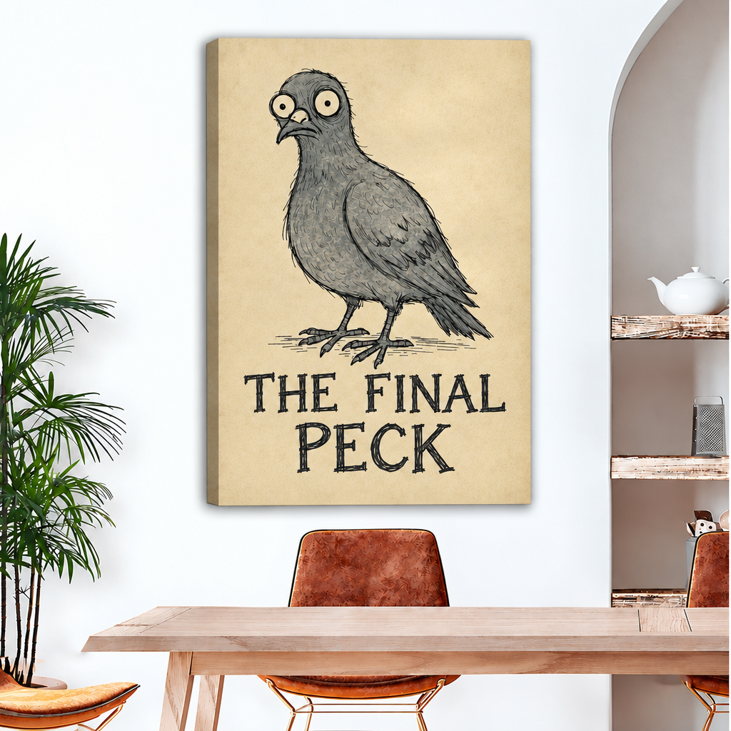 Unframed The Final Peck pigeon canvas wall art with visible wrapped edges displayed above a wooden dining table.