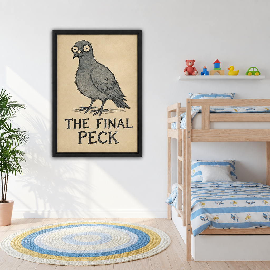 Black-framed The Final Peck pigeon canvas wall art beside wooden bunk beds and a colorful toy shelf.
