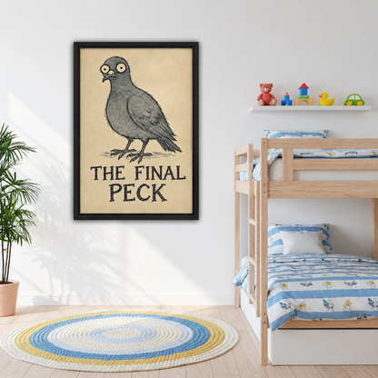 Black-framed The Final Peck pigeon canvas wall art beside wooden bunk beds and a colorful toy shelf.