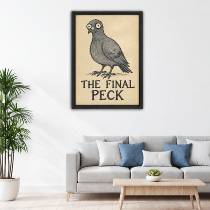 The Final Peck pigeon canvas wall art in a black frame above a light sofa with blue pillows.