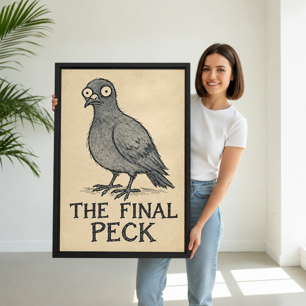 Woman holding black-framed The Final Peck pigeon canvas wall art featuring a wide-eyed gray bird on beige.