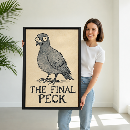 Woman holding black-framed The Final Peck pigeon canvas wall art featuring a wide-eyed gray bird on beige.