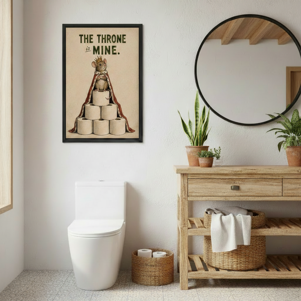Black framed funny bathroom poster of a crowned mouse on toilet paper throne, styled beside a wooden vanity unit with round mirror in a rustic boho bathroom