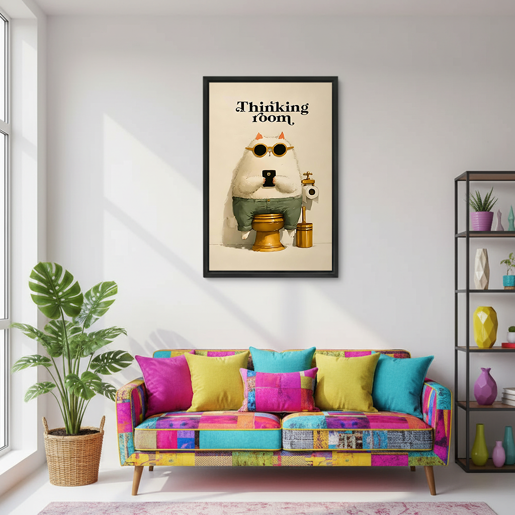 Whimsical thinking room cat on toilet framed canvas wall art above colorful patchwork sofa in bright eclectic living room