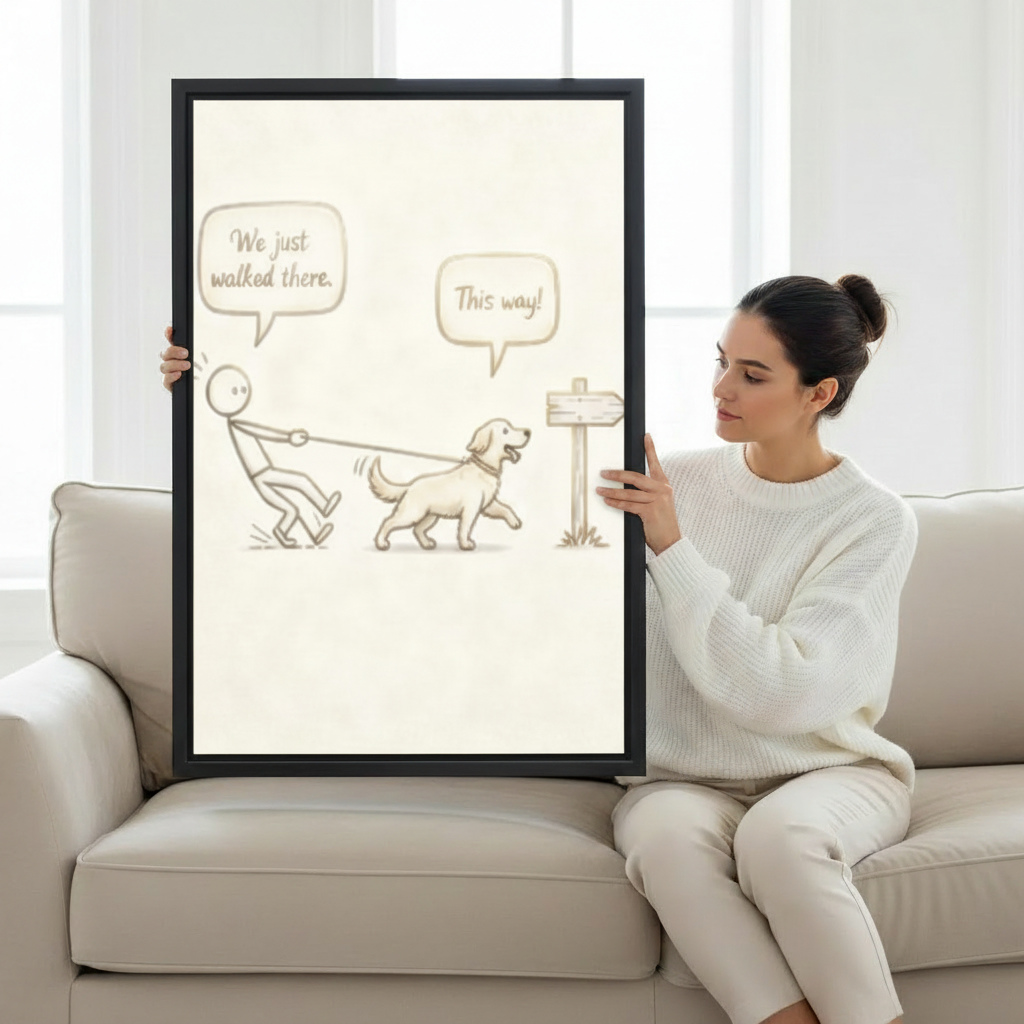 Woman holding large funny dog walking stick figure framed canvas print, witty golden retriever wall art size reference