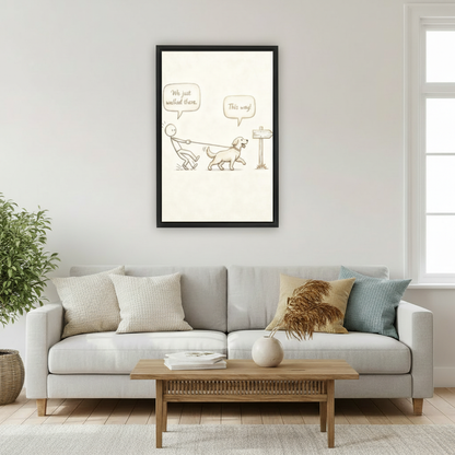 Funny this way dog walking stick figure framed print above gray sofa, humorous golden retriever wall art for Scandinavian living room