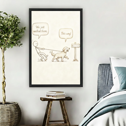  Funny stick figure dragged by golden retriever this way framed wall art in bedroom, humorous dog walking print for bedroom decor
