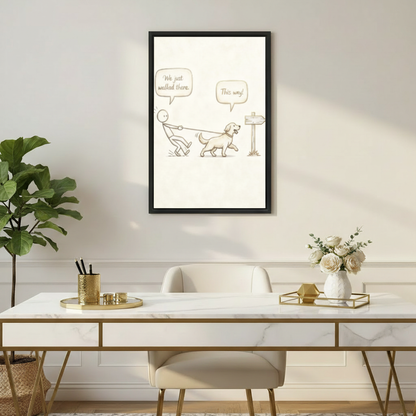 Witty dog walking stick figure this way framed wall art above marble desk, funny golden retriever print for home office decor