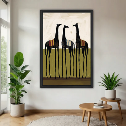Black-framed three black horses canvas wall art with striped saddle blankets, displayed between potted plants.