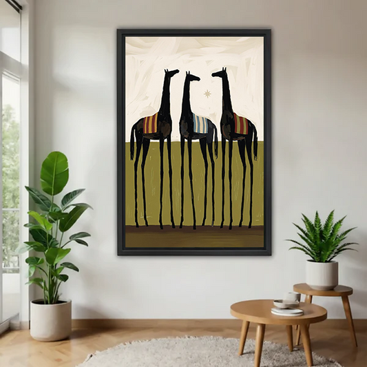 Black-framed three black horses canvas wall art with striped saddle blankets, displayed between potted plants.