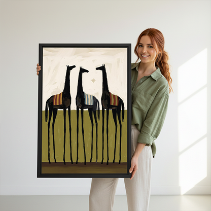 Framed three black horses canvas wall art beside a rattan bed with terracotta bedding in a green bedroom.