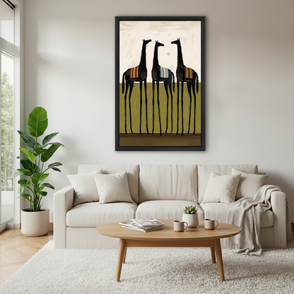 Gallery-wrap three black horses canvas wall art with a cream sky and olive ground, displayed beside green plants.