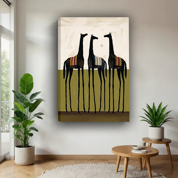 Woman holding framed three black horses canvas wall art featuring elongated folk art silhouettes and colorful saddle blankets.