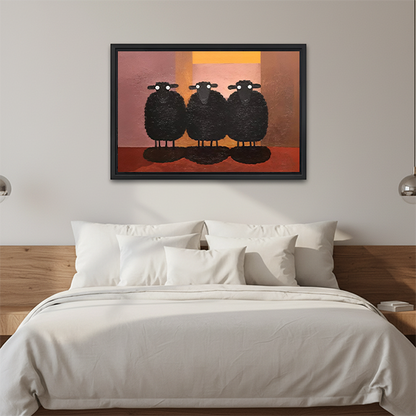 Unframed three black sheep canvas wall art with warm geometric background above a wooden console beside a lantern.