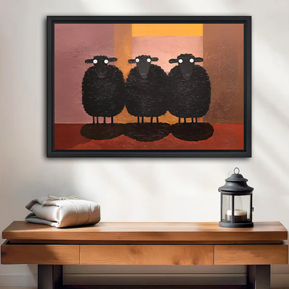 Whimsical three black sheep canvas wall art in a black frame above a wooden console with a lantern.