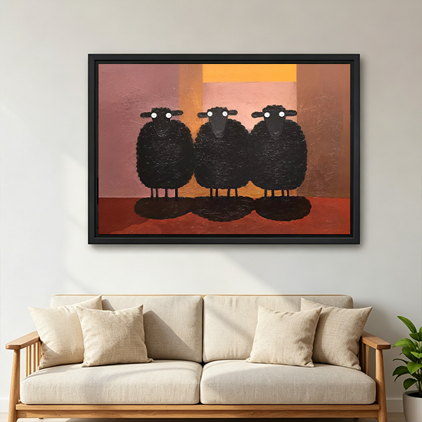 Framed three black sheep canvas wall art with terracotta and golden tones hanging above a white bed.