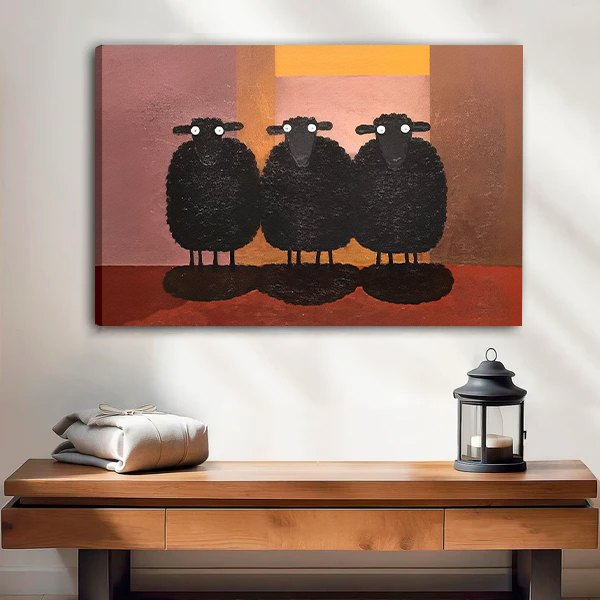 Woman holding framed three black sheep canvas wall art with playful white eyes and warm geometric colors.