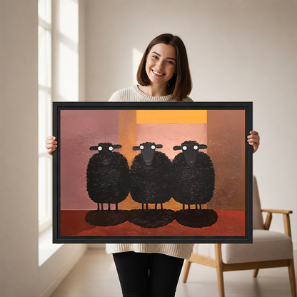 Three black sheep canvas wall art in a black frame displayed above a cream sofa with neutral cushions.