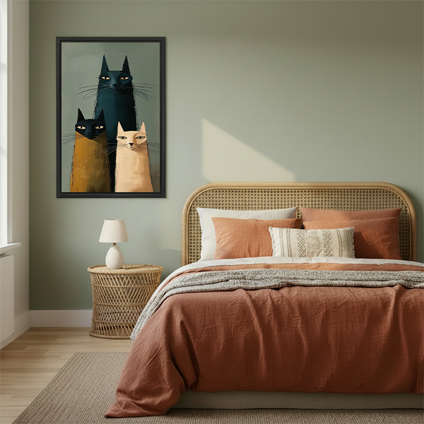 Black-framed three cats canvas wall art displayed beside a rattan headboard with terracotta bedding and a sage-green wall.