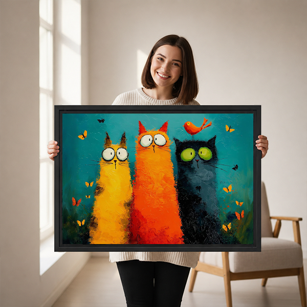 Black-framed three cats canvas wall art with yellow, orange, and charcoal felines above a cream sofa.