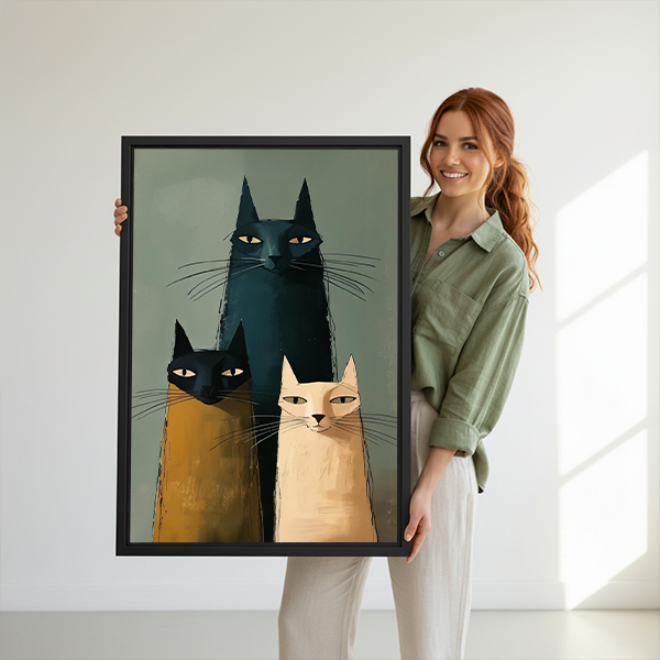 Gallery-wrap three cats canvas wall art with elongated forms and earthy colors displayed beside potted plants and wooden tables.