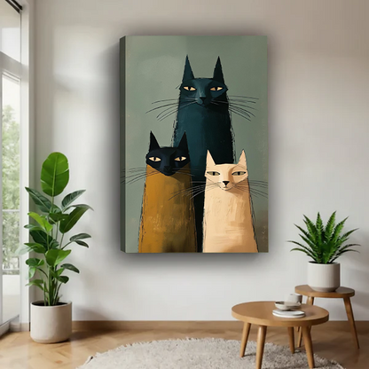 Woman holding black-framed three cats canvas wall art featuring stylized feline faces and sweeping whiskers on sage green.