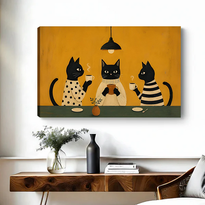 Unframed gallery-wrap canvas of three stylish black cats drinking coffee together on ochre background, displayed above console table