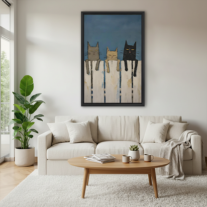 Woman holding large framed wall art print of three cats on a picket fence, whimsical folk-style illustration showing print size