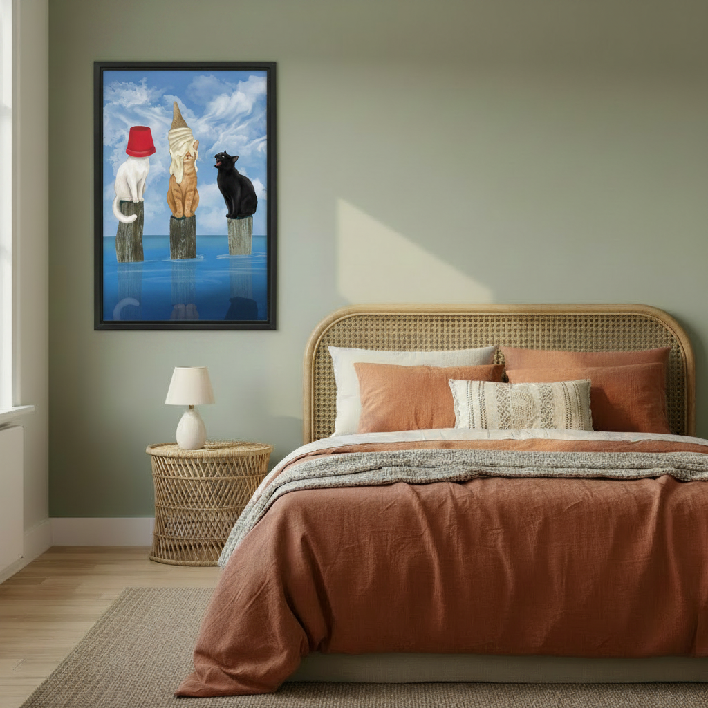Three surreal cats on wooden pier framed canvas above bed, funny cat wall art with bucket hat orange tabby and black cat bedroom decor